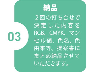 納品 ２回の打ち合せで決定した内容をRGB、CMYK、マンセル値、色名、色由来等、提案書にまとめ納品させていただきます。